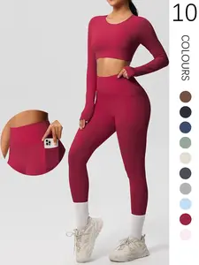 Two-Piece Set Women's Solid Long Sleeve Crop Top & High Waist Leggings Tracksuit Set, Sporty Breathable Quick Drying for Yoga Gym Workout Running Cycling, Ladies Spring & Fall Clothes, Activewear, Sportswear For Gym