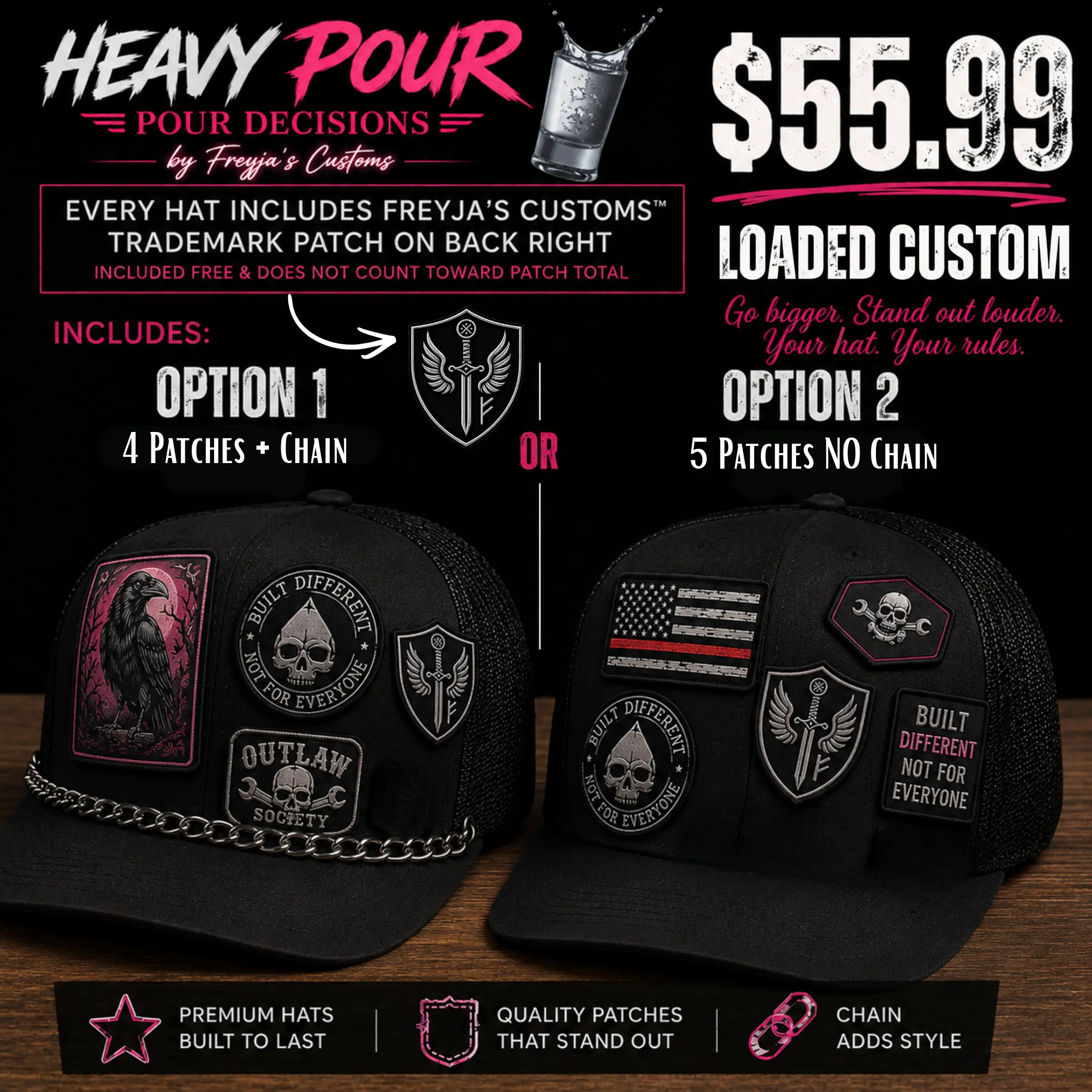 Heavy Pour – Custom Trucker Hat | Up to 5 Patches & Chain