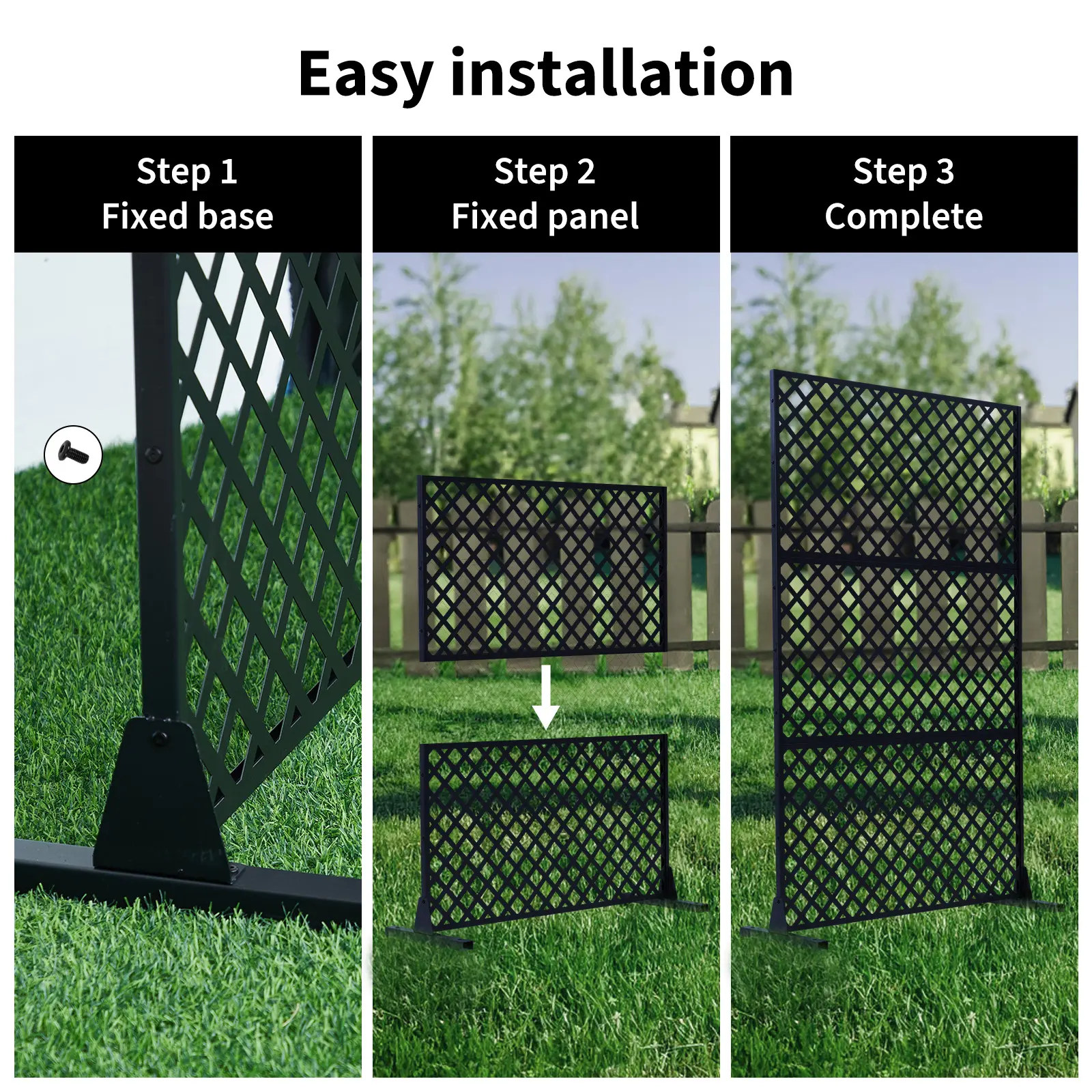Metal Privacy Screen 36"/44"/47" W x 72" H, Freestanding 3-Panel Decorative Steel Fence with Stand, Black Privacy Divider for Balcony Patio Garden Indoor Room Decor, Privacy Fence, Modern, Ground Stand