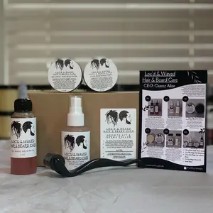 2 oz Red Magic Growth Oil, 2 oz Pink Magic Hair Moisturizer, 2.5 Gold Magic Butter, 2.5 oz Black Magic Beard Scrub + Derma Roller