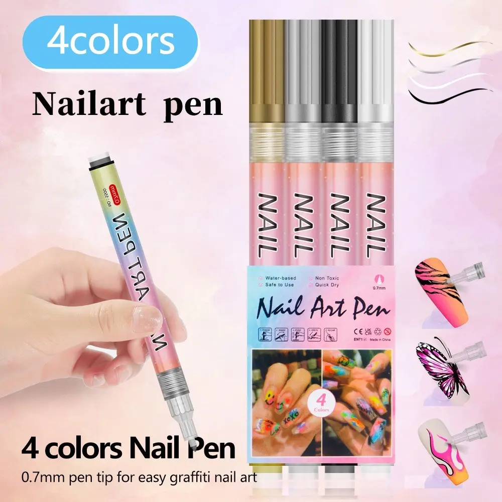 Makartt 0.7mm Fine Tip Nail Art Brush, Water-Based Quick-Dry Waterproof, Press-Release Ink Design, 4/12 Colors Available, No UV Light Needed