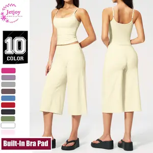 Jetjoy Going Out Sets for Women 2 Pieces Capri, Yoga Tank Top High Waist Mid-Length Pants Running Yoga Set for Women,  Womens Workout Sets Two Piece Spaghetti Straps Crop Top Matching Wide Leg Capri Pants Gym Work Pilates Outfits