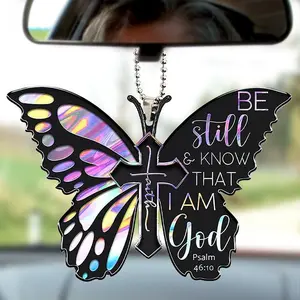 (Closeout sale) Colorful Black Butterfly Jesus Cross Pendant with Be Still & Know That I Am God Bicycle Rearview Mirror Ornament Keychain Gift