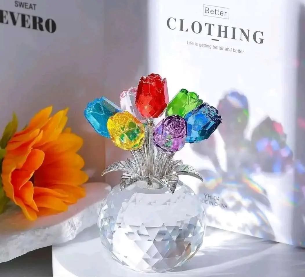 Aesthetic Crystal Rose Bouquet Ornament, Rainbow Glass Flower Figurine with Suncatcher Prism Base, Luxury Eternal Rose Table Centerpiece, Romantic Anniversary & Wedding Gifts for Her