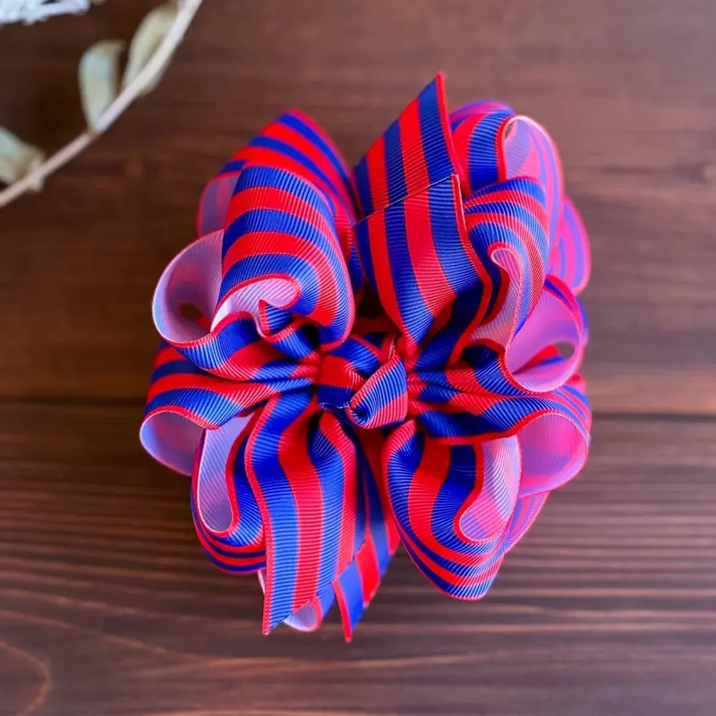 Lrc Blue and Red Stripes Print, 2in1 Stackable Ribbon Hair Bow