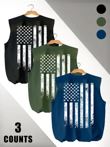 3-Pack Vintage Usa Flag Print Men's Sleeveless Sporty T-Shirts, Comfortable Round Neck, Breathable, Ideal for Summer Streetwear, Sleeveless Sports Vests