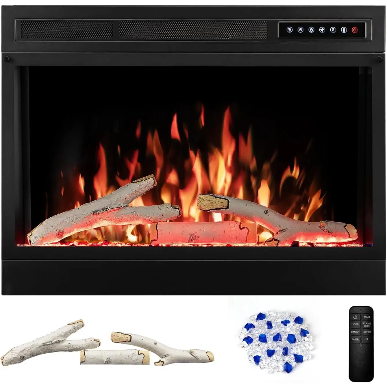 R.W.FLAME 28"/170cm Electric Fireplace Insert Heater with Tempered Glass, Touch Screen, 2-Sided Interior Brick Wall Design, 5 Flame Colors, 12 Log Colors, 5 Flame Speeds, Adjustable Brightness, Remote Control, 1H-8H Timer, 50°F-99°F Temp, 750W/1500W, 120V