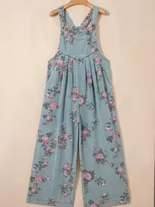 Women's Floral Print Wide Leg Denim Jumpsuit - Pleated High Waist One Piece Overall for Retro Aesthetic Streetwear