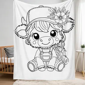 Highland Cow Themed DIY Coloring Blanket (No Markers Included) Color-Fillable Flannel Blanket A Perfect Gift for Children Fleece Throw with Custom-Dyed Fabric Soft Cozy Bedroom Decor Blankets Birthday Gifts Suitable for Friends,