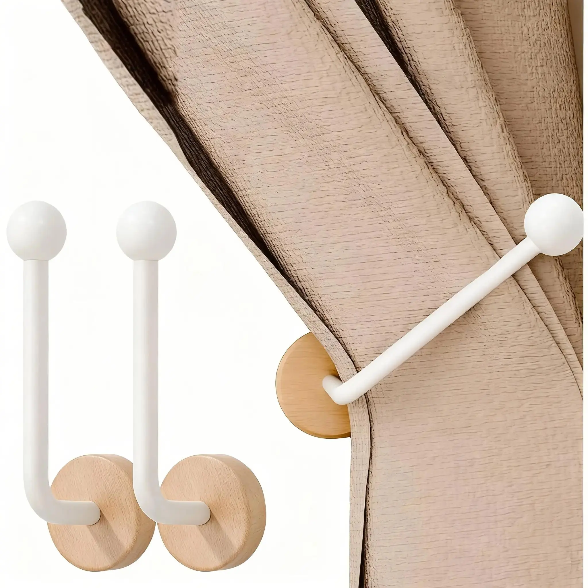2-Pack Minimalist Adhesive Curtain Rods with No-Drill Walnut FAS Base Wall Mount - Ceramic, Zinc, Durable, Scratch-Resistant Vintage Rustic Style - Heavy-Duty Sticky Panels for Wood Drapes/Panels - Easy No-Screw Install, Door/Wall Hooks, Two-Pack