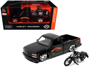 1993 Chevrolet 454 SS Pickup Black and 2007 Harley-Davidson XL 1200N Nightster Motorcycle Black 1/24 Diecast Model Car by Maisto