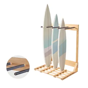 VEVOR 4-Tier Freestanding Pine Wooden Vertical Surfboard Rack with Strap, Sturdy Storage Organizer, Easy-Setup Installation Kit Included, Holds Wakeboards, Snowboards, Skis