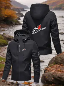 Men's All-Season Full-Zip Hooded Jacket, Logo Print, Casual Sports Outerwear, Ergonomic Design, Hand Washable, Windproof, & Blue Options