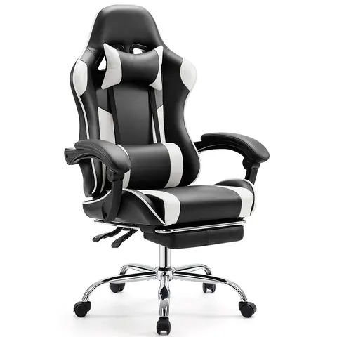 Sweetcrispy Ergonomic Game Chair - Modern PU Leather Swivel Chair for PC Gaming with 360° Swivel Move, Height Adjustability, Fixed-Up Armrests, Footrest, Lumbar Support, Headrest, Recliner Function, Assembly Required