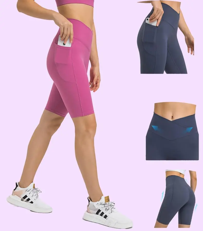 high waist cross waist biker shorts women workout yoga shorts gym athletic activewear shorts with side pockets tummy control breathable quick dry stretch shorts