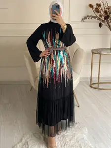 Women's Plus Size Sequined Arab Robe Dress, Multi-Color Sequins, Traditional Long Sleeve, Party Wear, Muslim Dresses, Islamic Festival, Special Occasions