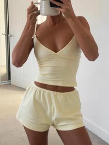 two-piece set women's solid crop cami top & shorts, casual comfy spaghetti strap camisole & shorts set, women's sleepwear for summer, womenswear, lingerie