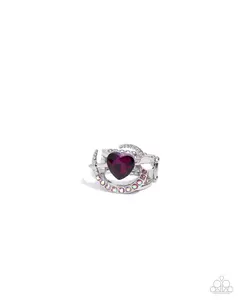 Cupid COUPLE - Pink Heart Gem Iridescent Rhinestone Silver Ring - Paparazzi