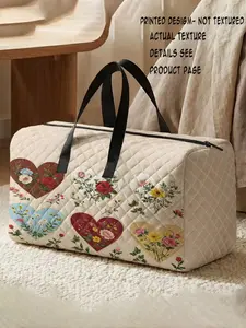 Heart Flower Print Handbag, Large Capacity Travel Suitcase, Portable Overnight Bag, Fashion Travel Bag, Yoga Training Bag, Shoe Storage Crossbody Bag, Quilted Duffle Bag