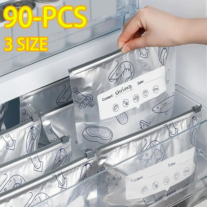 【Refrigerated Food】Reusable Aluminum Foil Sealable Storage Bags, 2026 New Resealable Vacuum Zipper Pouches for Food, Stand Up Foil Sealable Bags with Label and Zip Lock for Vegetable Fruit Meat