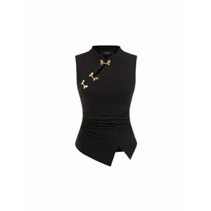 Cider Mandarin Collar Metal Detail Cut Out Ruched Split Top