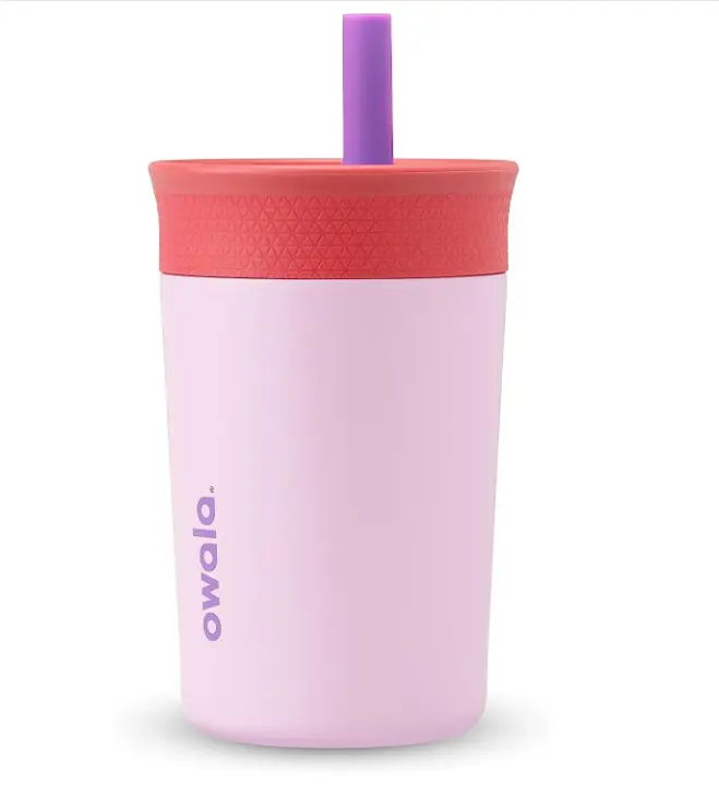 Owala Kids Insulation Stainless Steel Tumbler with Spill Resistant Flexible Straw, Easy to Clean, Kids Water Bottle, Great for Travel, Dishwasher Safe, 12 Oz, Pink and Purple (Lilac Rocket)