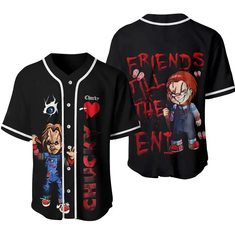 Chucky Inspired 3D Baseball Jersey – Horror Doll Graphic Button Up Shirt