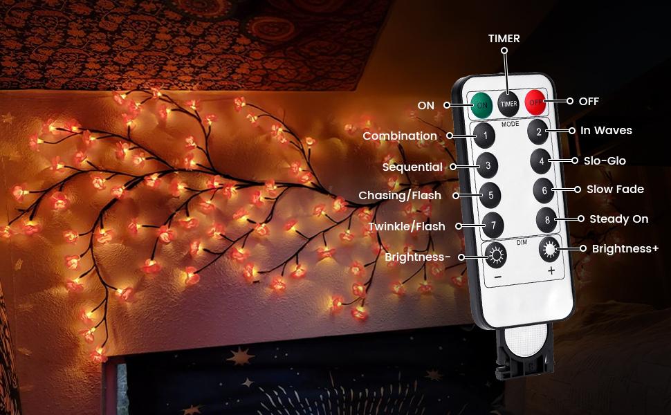 LED Cherry Blossom Tree Branch Mood Lighting - 7.55FT 144LEDs Willow Vine Garland, 1.2m 48leds, 1.6m USB Cable, Timers, Color Changing, 8 Lighting Modes, Remote, Bedroom Indoor Wall Decor for Wedding, Christmas