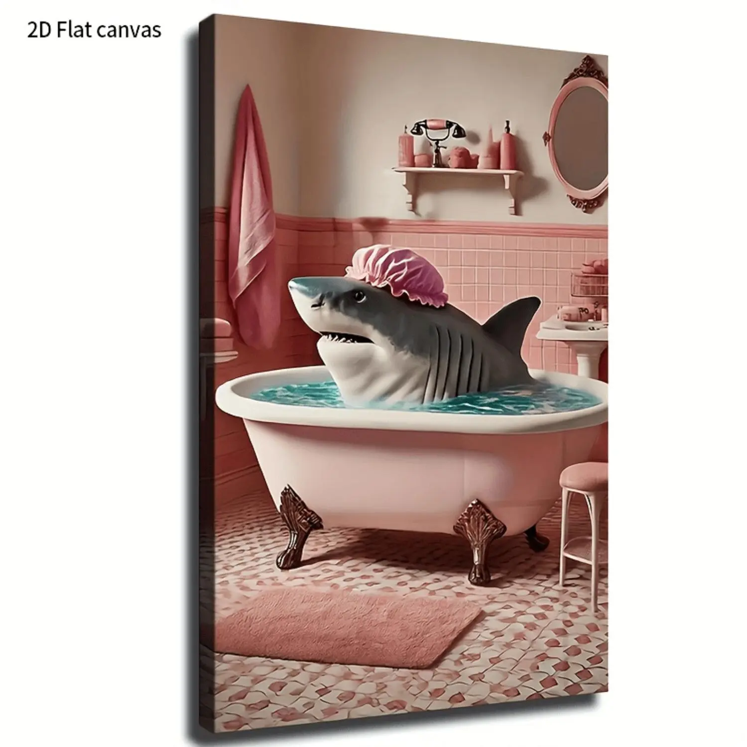 1pc Pink Bathtub-Shark Ocean Wall Art Framed Wrapped Canvas - Whimsical Shark & Bathtub Bath Room Decor, Marine, Wood Frame for Bedroom or Living Room Playroom - Easy Installation Required artwork, 2D Flat, Perfect for Room Decor
