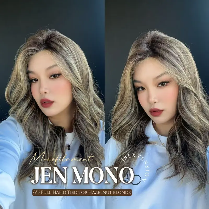 JBEXTENSION JEN MONO Monofilament Handmade Wig 6X5 Full Monofilament Hand Tied Top Wig 18 Inches Hazelnut Blonde Highlight Mono Lace Wig With Anti-slip Silicone Strips Glueless Wig JEN MONO【BENDY EAR TABS】