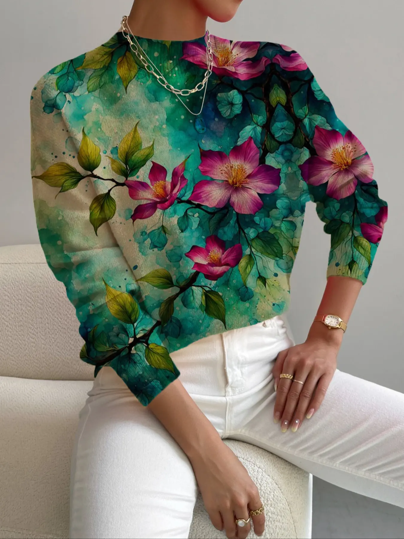 Women's Floral Print Knit Sweater, Stand Collar Flower Leaf Design, Casual Elegant Chic Commuter Wear, Spring Fall Winter, Knitwear
