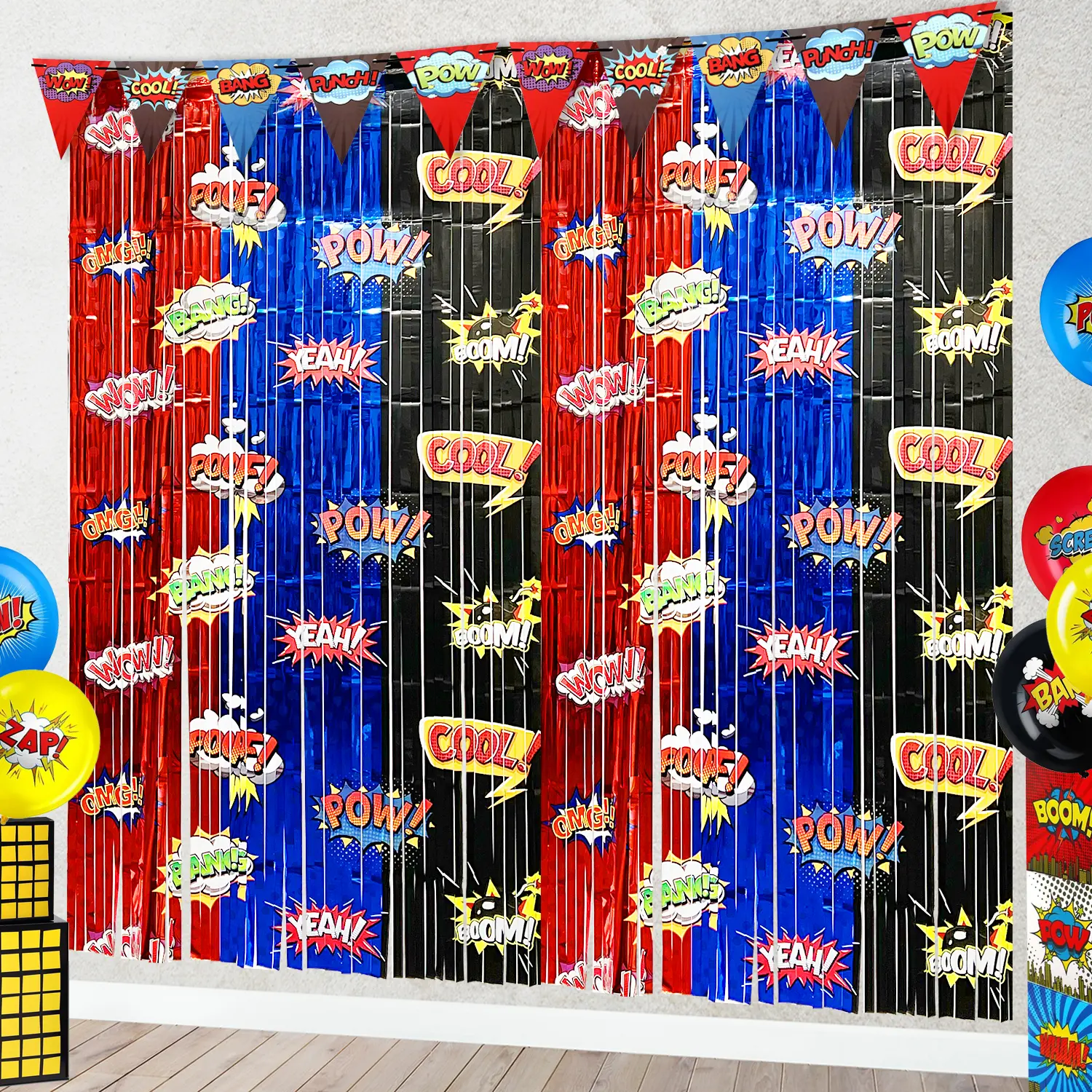 2 Pack Spider Foil Fringe Curtains - 3.28x6.56 Ft Red Blue Black Tinsel Backdrop for Spider-Themed Birthday Party Decorations - Photo Booth Props & Party Supplies