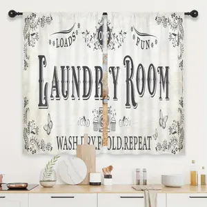 2pcs Rustic Laundry  Kitchen Curtains Vintage Farmhouse Funny Quotes Retro Beige Rod Pocket Short Small Wash Dry Fold Repeat Sign Bedroom Living  Treatment panel set doble layer room darkening floral print ruffle boho cortina forro space window