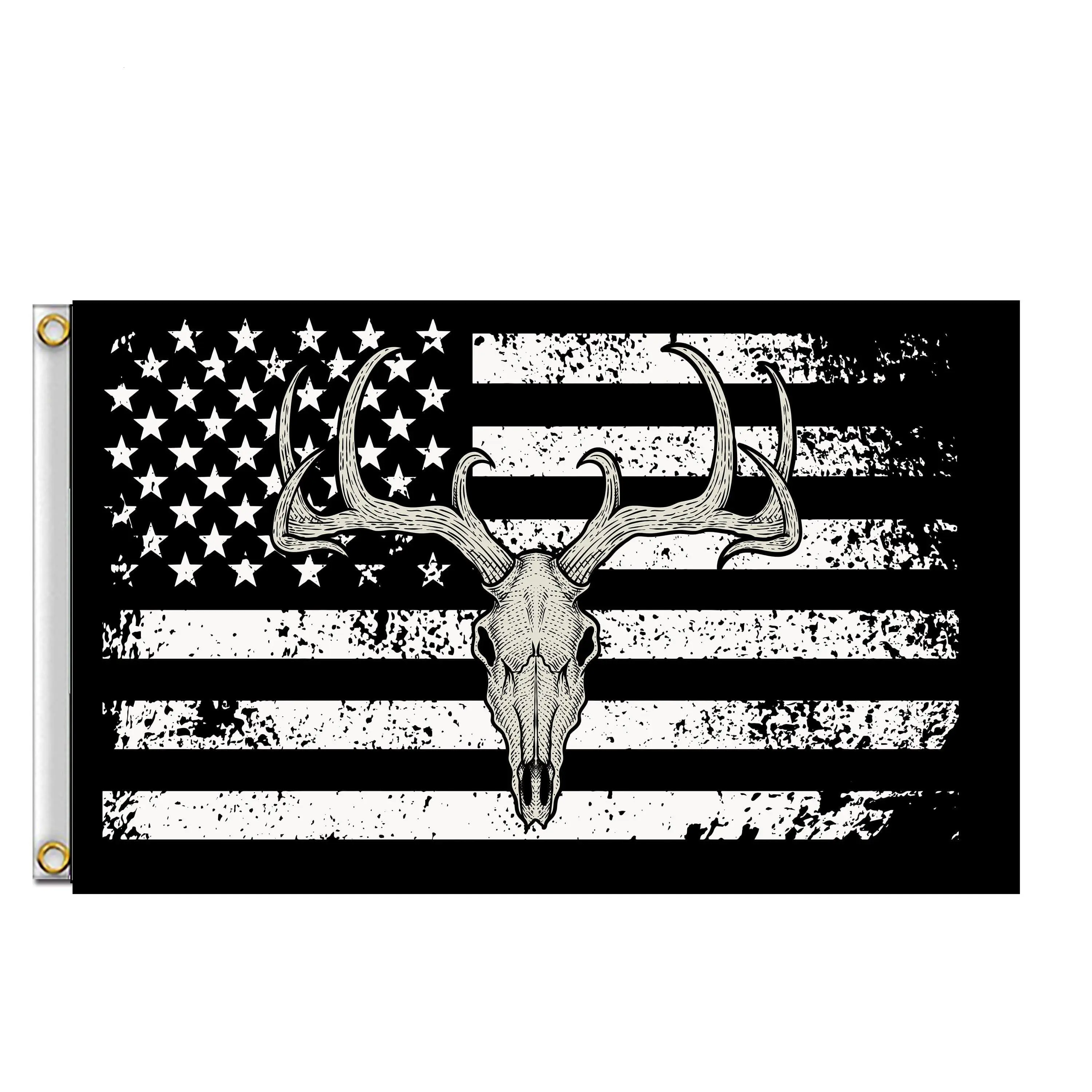 American Flag Whitetail Buck Skull Hunting Deer Flag banner indoor outdoor tapesterty Jolly Roger