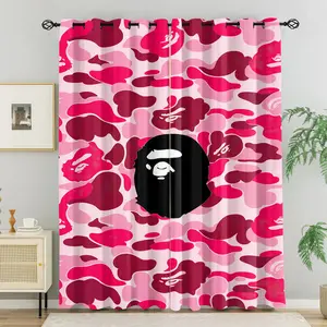 Bape ABC Pink Camo Ape Head Blackout Curtain Set 2 PCS, No-Drill Ring Design, Washable Polyester Fabric, Barless, Suitable for Bedroom Living Room Dormitory Insulation & UV, Multi-Functional Home Decor