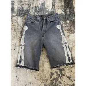 Summer Retro Skeleton Denim Shorts — Sports Casual Streetwear, New Couple Matching Style, Pants Size 55, 2025 European & American Light Luxury New Arrival