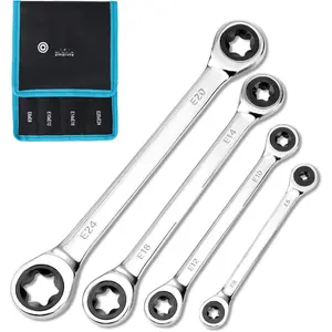 4- E-Torx Wrench Set, Double Box End Ratcheting Wrench Set, Including E6 * E8, E10 * E12, E14 * E18 and E20 * E24, 72-, CR-V Steel, Mirror-Polished with Rolling Pouch