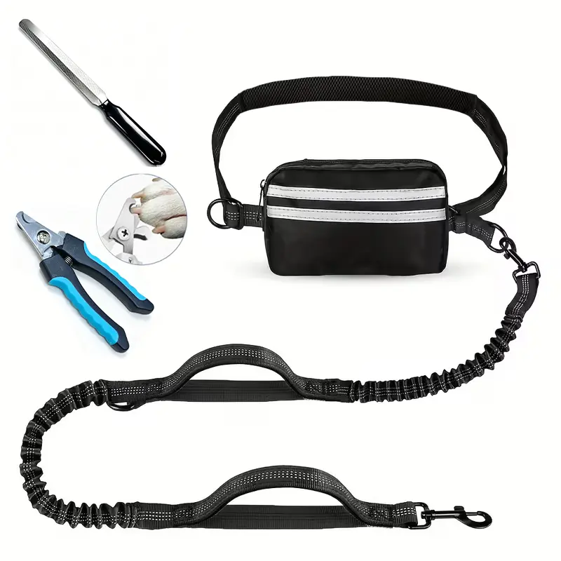 Pet 3‑Piece Set, Adjustable Hands‑Free Dog & Cat Running Leash. Single‑handle elastic retractable waist dog leash for medium‑to‑large dogs. Accessories specially for running, jogging and walking; includes nail file and polisher