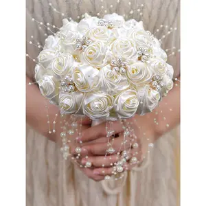 1PC White Wedding Bouquet For Bridal With Rhinestone Brooch Satin Holding Toss Artificial Flowers Bouquet For Bride Bridesmaid Quinceanera Handmade Satin Rose Bridal Bouquet Stunning Wedding Bouquets