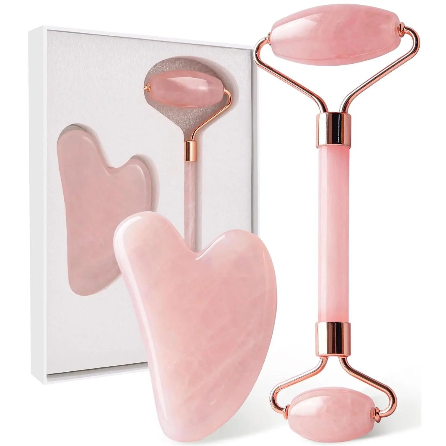 Gentle Rose Quartz & Jade Crystal Facial Roller-Gua Sha Tool Pair, Mobile Phone Selfie Accessory for Lymphatic Drainage Massage, Spa-Worthy Muscle Tension Relief, Self-Care Gift for Mom & Friends