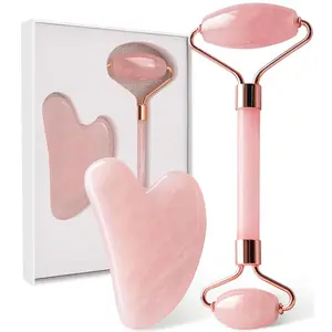 Face Massager Rose Quartz Face Roller & Gua Sha Facial Tool Set, Lymphatic Drainage Massage Tool for Self Care, Muscle Tension Relief, Skin Care Gift for Men/Woman