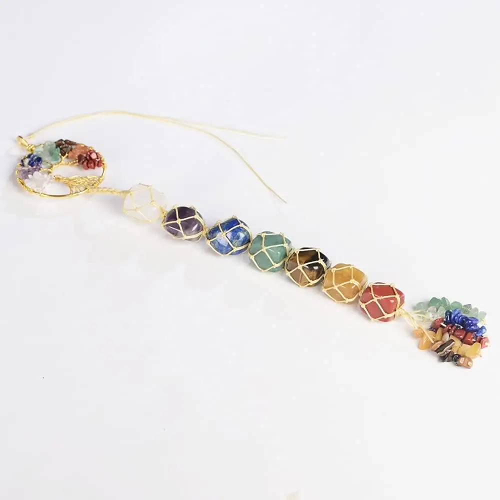 Tree of Life Hanging Ornament with Colorful Stone Accents, Handmade Home Decor for Living Room, Bedroom, Office, and Other Spaces