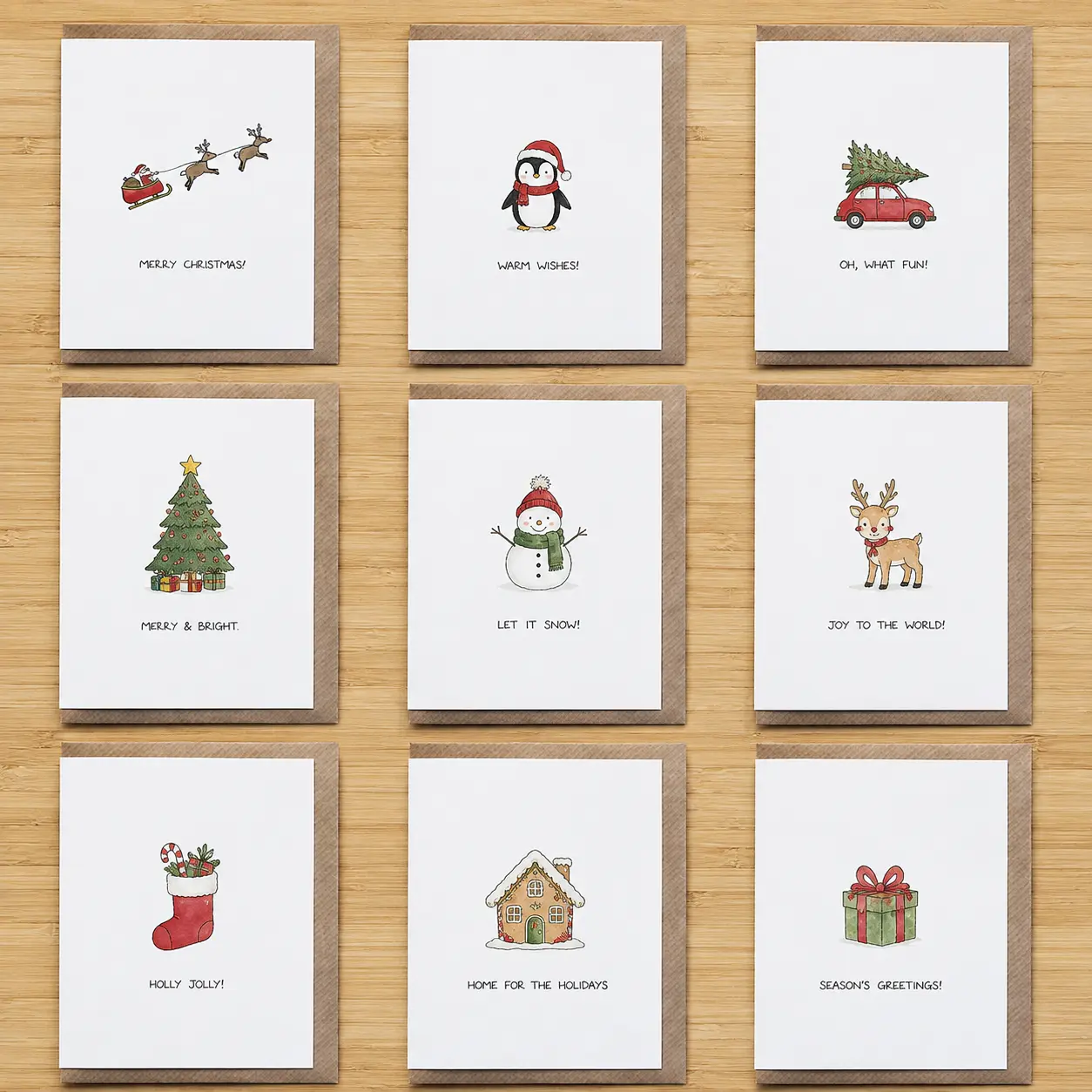 Funny Christmas Greeting Card – Tiny Santa Sleigh Christmas Card - Cute - Minimalist - Recycled Card - Cute Holiday Cards with Kraft Envelopes, Blank Inside