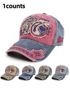 1pc Men's New Washed Shark Embroidery Outdoor Sports Sun Protection Baseball Cap, Street Style Large Head Circumference, Outdoor Hats