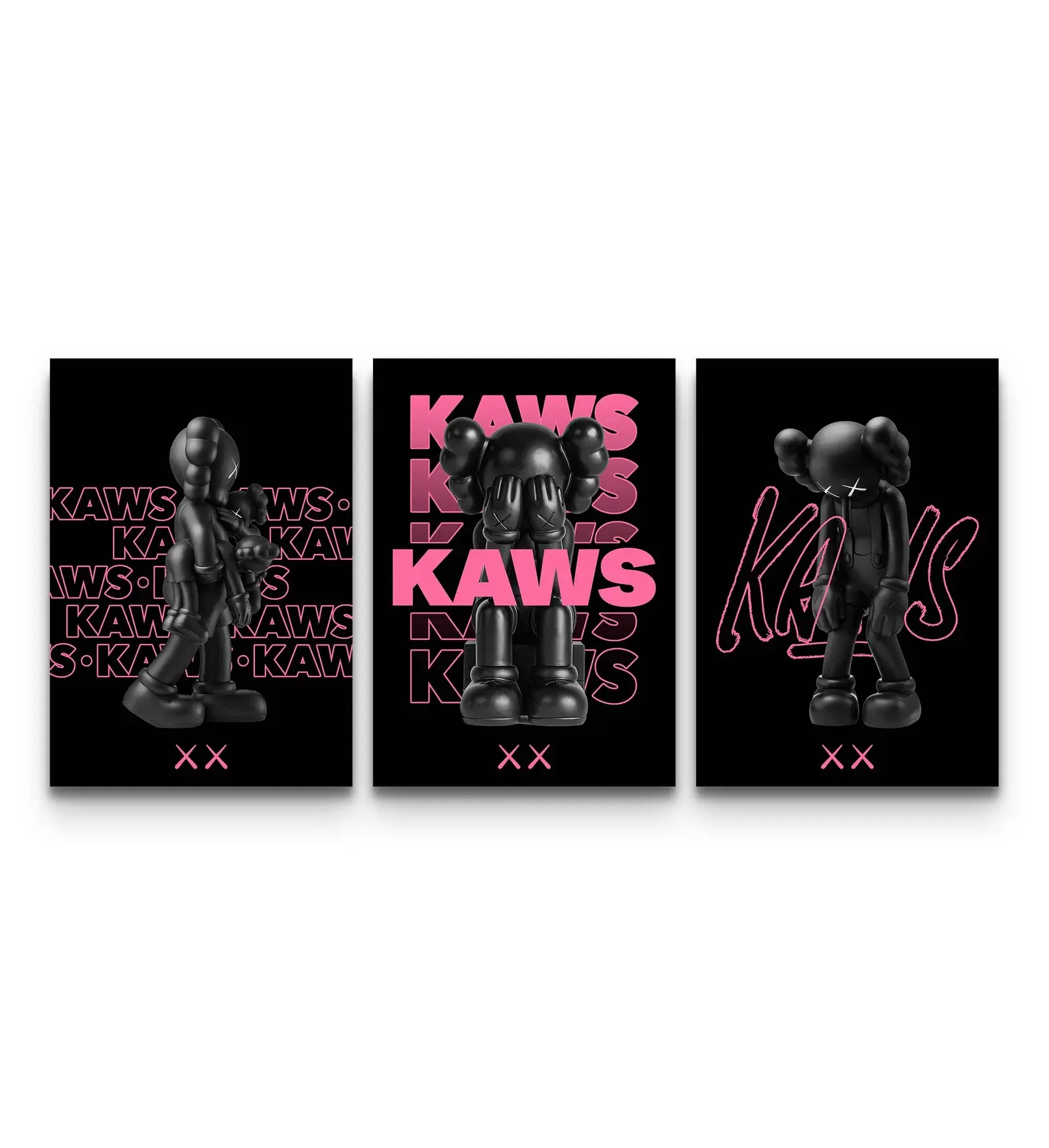 Neon Pink Noir KAWS Hypebeast XX Wall Art Set of 3 Poster Print Unframed