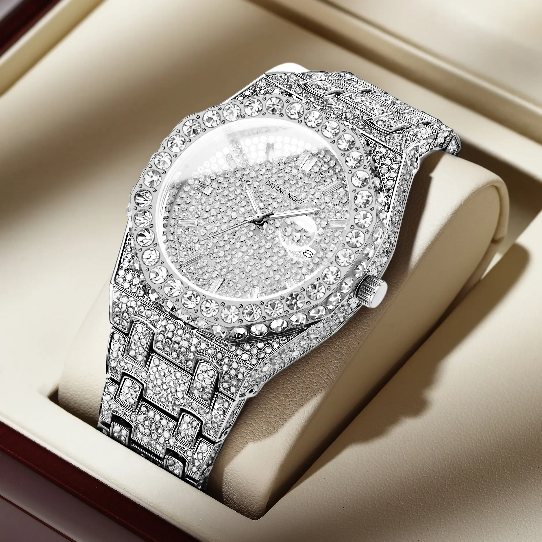 Men’s Full Iced Out Diamond Watch, Silver Bust Down Watch for Men, 42mm Round Face Luxury Hip Hop Watch, Waterproof Square Dial Wristwatch watches watches for men relojes para hombres