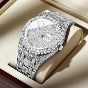 Men’s Full Iced Out Diamond Watch, Silver Bust Down Watch for Men, 42mm Round Face Luxury Hip Hop Watch, Waterproof Square Dial Wristwatch watches watches for men relojes para hombres
