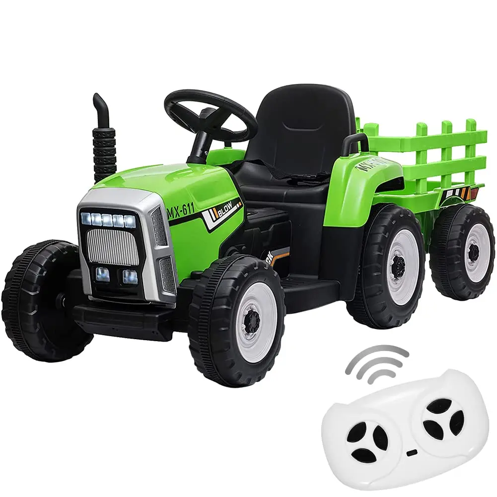 【GARVEE】12V Toddler Electric Ride-On Tractor with Green Trailer, Remote Control, Slow Start, 7 LED Headlights, USB Music Player, 2+1 Gear Shift, 25W Motor, and Treaded Tires for Ages 2 and Up