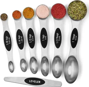 Magnetic Measuring Spoons - Dual Sided Stainless Steel Kitchen Spoon Set for Chef and Baking - Metal Spice Container Utensils for Cooking Round