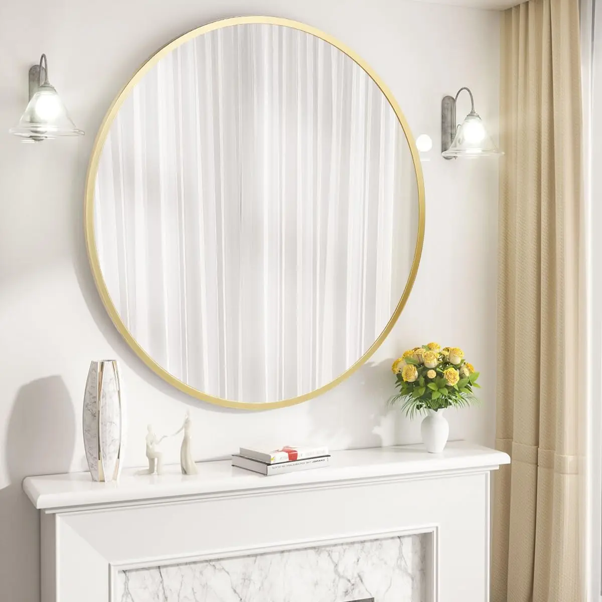 Garvee 50.8cm Traditional Minimalist Round Glass Wall Mirror - Golden Metal Frame, Easy Hanging Installation, for Bathroom Vanity, Entryway Use